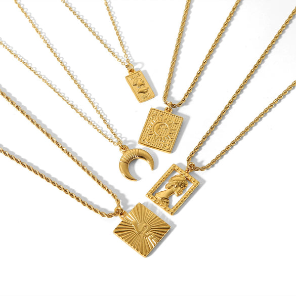 Wholesale Necklace Stainless Steel Square Geometric French Retro 18K Gold Plated Pendant For Women
