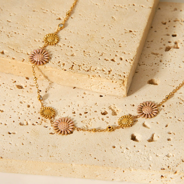 Wholesale Necklace Stainless Steel Titanium Steel Diamond Pink Daisy Geometric Flower Electroplating For Women