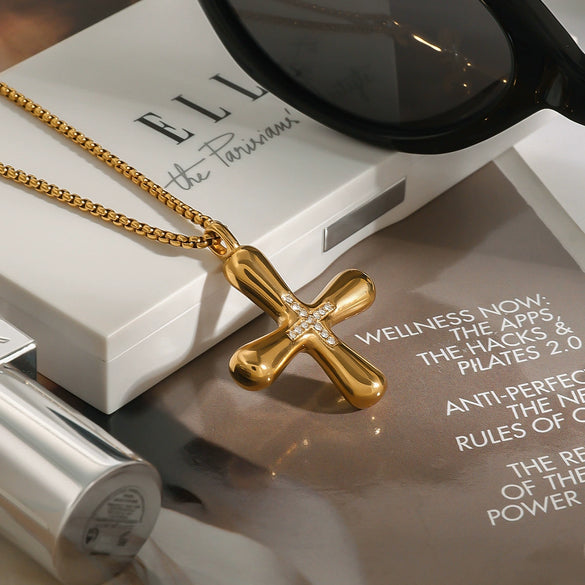 Wholesale Necklace Stainless Steel Titanium Steel Greek Cross Pendant With White Glass Zirconium Geometric Pattern Electroplating Snake Bone Chain For Women