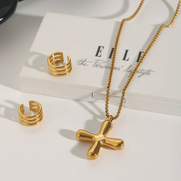 Wholesale Necklace Stainless Steel Titanium Steel Greek Cross Pendant With White Glass Zirconium Geometric Pattern Electroplating Snake Bone Chain For Women