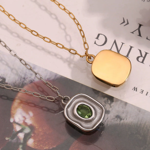 Wholesale Necklace Stainless Steel Titanium Steel 18K Gold Plated Geometric Oval Green Zircon Pendant Paper Clip Chain For Women