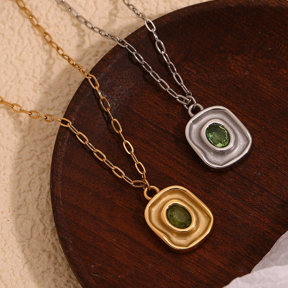 Wholesale Necklace Stainless Steel Titanium Steel 18K Gold Plated Geometric Oval Green Zircon Pendant Paper Clip Chain For Women