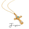 Wholesale Necklace Stainless Steel Titanium Steel Light Sapphire Blue Glass Zirconium Cross Diamond Pendant Snake Bone Chain Electroplating Geometric Light Luxury Style Women's
