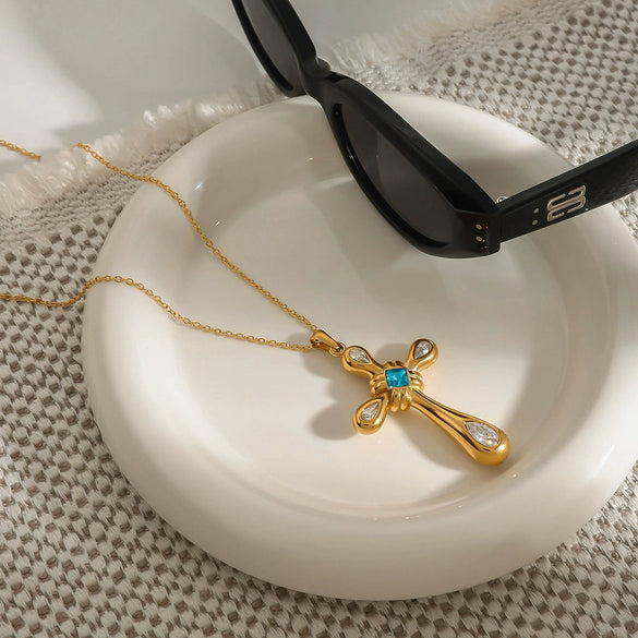 Wholesale Necklace Stainless Steel Titanium Steel Light Sapphire Blue Glass Zirconium Cross Diamond Pendant Snake Bone Chain Electroplating Geometric Light Luxury Style Women's