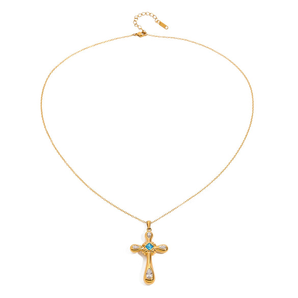 Wholesale Necklace Stainless Steel Titanium Steel Light Sapphire Blue Glass Zirconium Cross Diamond Pendant Snake Bone Chain Electroplating Geometric Light Luxury Style Women's