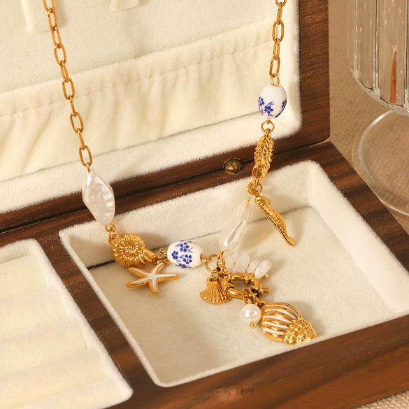 Wholesale Necklace Stainless Steel Titanium Steel Ocean Style Animal Zodiac Star Geometric Starfish Shell Conch Electroplated
