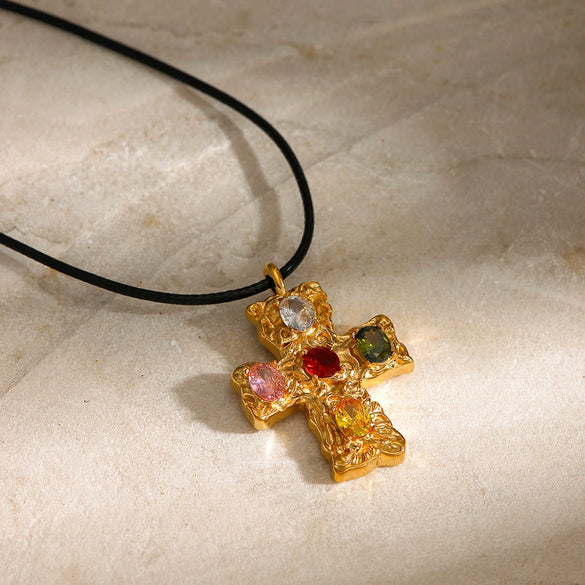 Wholesale Necklace Stainless Steel Wax Cord Geometric Cross Set Zircon Electroplated For Women