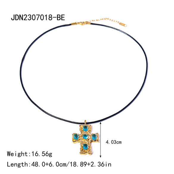 Wholesale Necklace Stainless Steel Wax Cord Geometric Cross Set Zircon Electroplated For Women