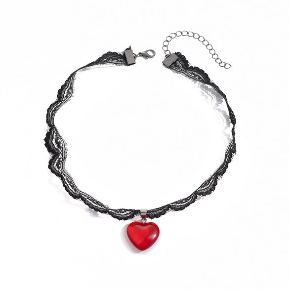 Wholesale Necklace Sweet Cool Style Lace And Glass Heart Shaped Pendant Electroplated Clavicle Chain For Women