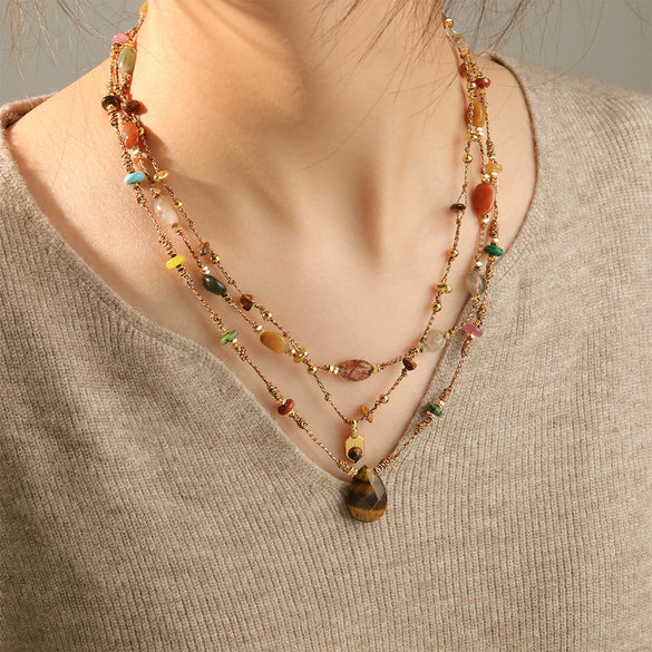 Wholesale Necklace Tiger's Eye Stone Green Stone Malachite Rope Stainless Steel Geometric Handmade Women's Retro Light Luxury