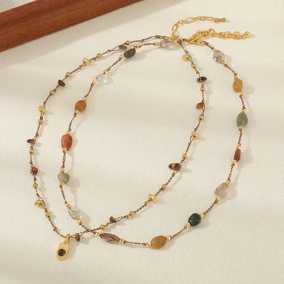 Wholesale Necklace Tiger's Eye Stone Green Stone Malachite Rope Stainless Steel Geometric Handmade Women's Retro Light Luxury