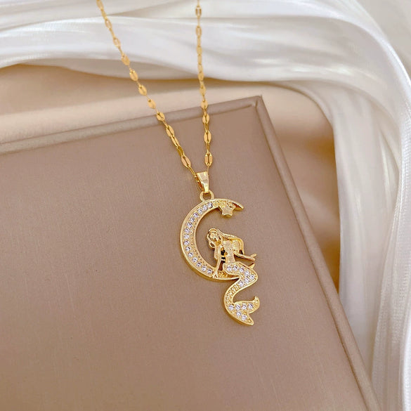 Wholesale Necklace Titanium Steel Copper Geometric Mermaid Moon Light Luxury Elegant Gorgeous Unisex Allmatch Clavicle Chain