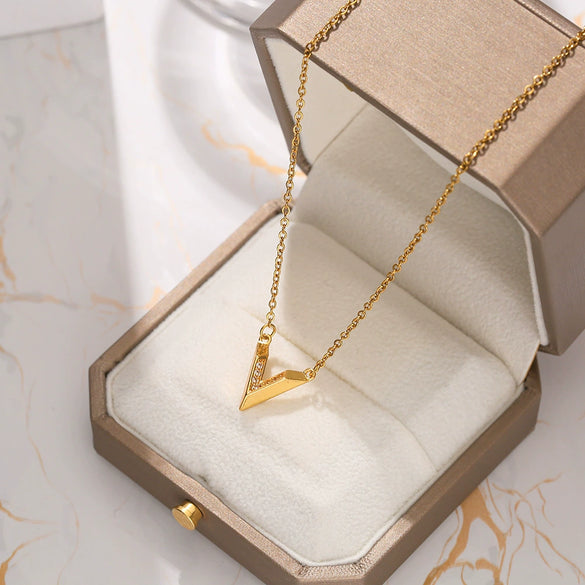 Wholesale Necklace Titanium Steel Copper Pendant With Diamonds Letters Numbers Text Vshaped Light Luxury Style For Women