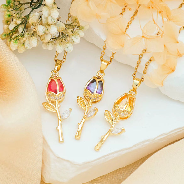Wholesale Necklace Titanium Steel Copper Real Gold Plated Sweet Rose Pattern Chain For Women