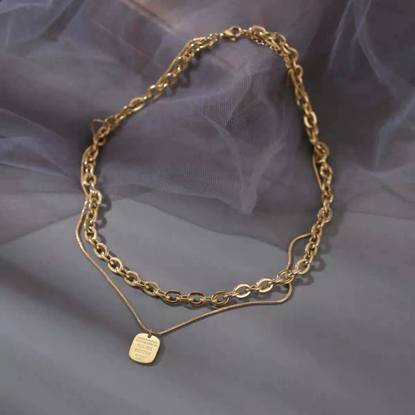 Wholesale Necklace Titanium Steel Geometric Doublelayer Chain Square Lettering Tag Retro Hiphop Heavy Metal Electroplated