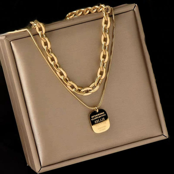 Wholesale Necklace Titanium Steel Geometric Doublelayer Chain Square Lettering Tag Retro Hiphop Heavy Metal Electroplated