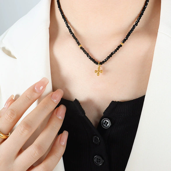 Wholesale Necklace Titanium Steel Geometric Electroplating Imitation Pearl Beaded Cross For Women
