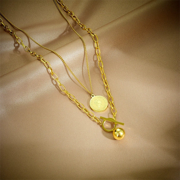 Wholesale Necklace Titanium Steel Geometric Printed Multilayered Retro Pendant Electroplated