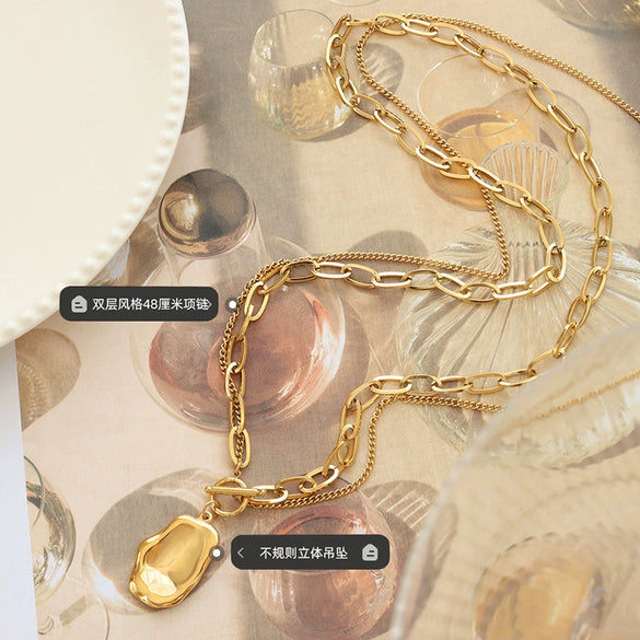 Wholesale Necklace Titanium Steel Gold Plated Geometric Doublelayer Irregular Pendant Clavicle Chain