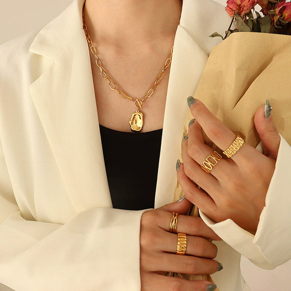 Wholesale Necklace Titanium Steel Gold Plated Geometric Doublelayer Irregular Pendant Clavicle Chain