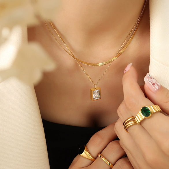 Wholesale Necklace 316L Stainless Steel Gold Plated Geometric Mixed Gemstone Inlay Pendant French Retro Style