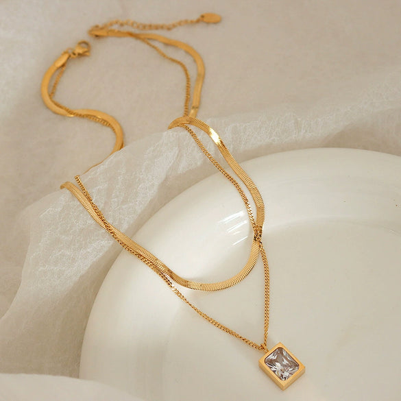 Wholesale Necklace 316L Stainless Steel Gold Plated Geometric Mixed Gemstone Inlay Pendant French Retro Style