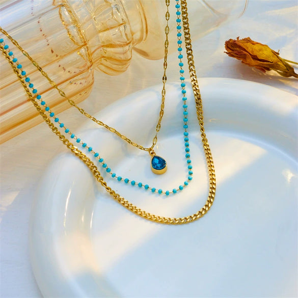 Wholesale Necklace Titanium Steel Rhinestone Multilayered Chain Water Drop Pendant Electroplating Style