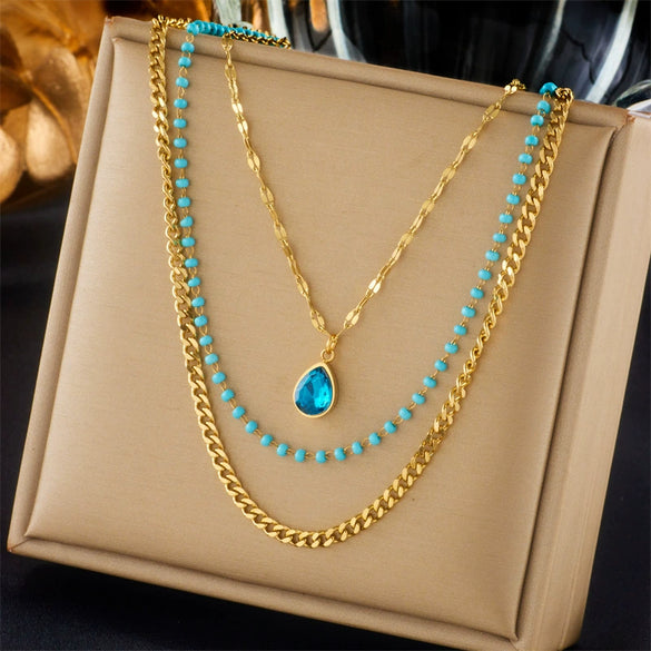 Wholesale Necklace Titanium Steel Rhinestone Multilayered Chain Water Drop Pendant Electroplating Style