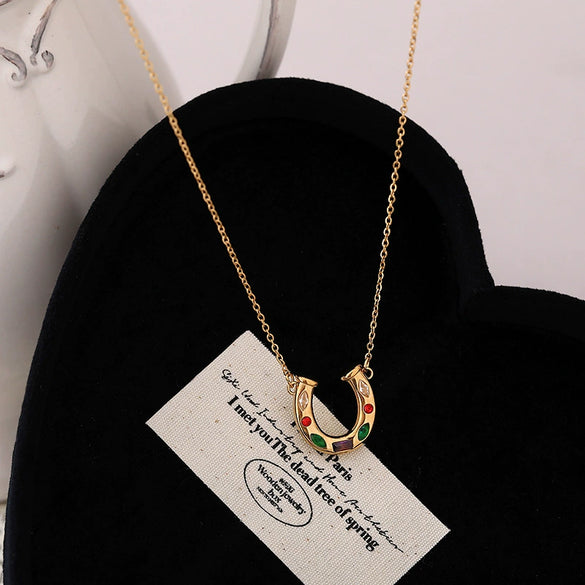 Wholesale Necklace Titanium Steel Stainless Steel Inlaid Zirconium Geometric Rainbow Horseshoe Ushaped Electroplating