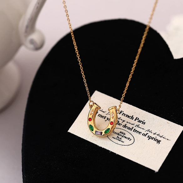 Wholesale Necklace Titanium Steel Stainless Steel Inlaid Zirconium Geometric Rainbow Horseshoe Ushaped Electroplating