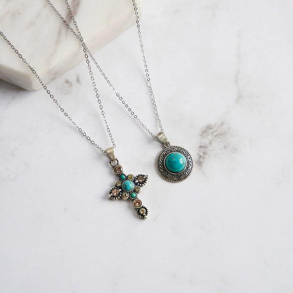 Wholesale Necklace Turquoise S925 Sterling Silver Geometric Cross Pendant Retro Ancient Roman Style Electroplated For Women