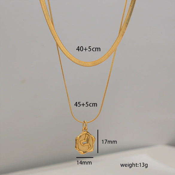 Wholesale Necklace Women's Snake Bone Chain Double Layer Titanium Steel Fishtail Pendant With Cartoon Animals Zodiac Signs Electroplated