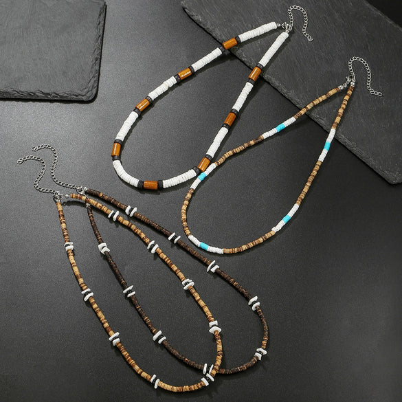 Wholesale Necklace Wood Chip Coconut Shell Splicing Handmade Geometric Style Unisex Stainless Steel O Chain