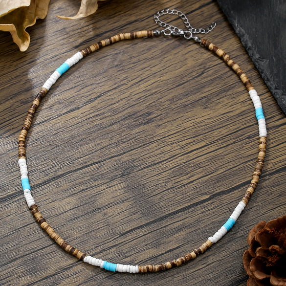 Wholesale Necklace Wood Chip Coconut Shell Splicing Handmade Geometric Style Unisex Stainless Steel O Chain