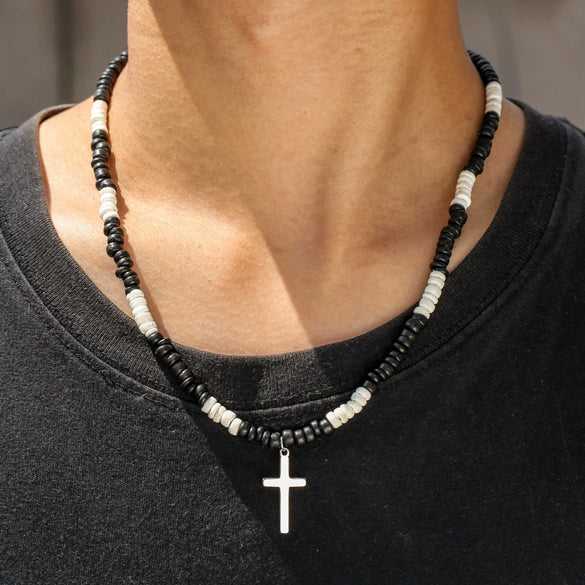 Wholesale Necklace Wooden Beads Alloy Cross Pendant Geometric Style Handmade For Men