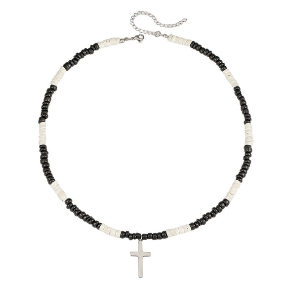 Wholesale Necklace Wooden Beads Alloy Cross Pendant Geometric Style Handmade For Men