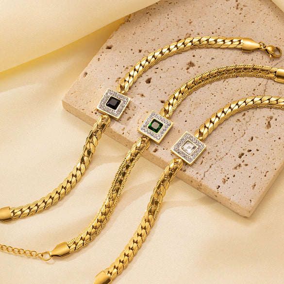 Wholesale New Fashion Square Emerald Zircon Titanium Steel Electroplated Bracelet For Women