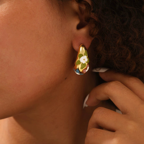 Wholesale New Retro Geometric Plant Flower Pattern Titanium Steel Drop Oil Earrings With Electroplating