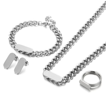 European And American New Fashion Stainless Steel Cuban Link Chain Gold Square Brand Necklace Earrings Four-piece Set Female Accessories Wholesale