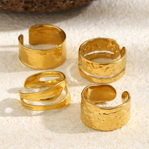 Wholesale Niche Geometric Style Stainless Steel 18K Goldplated Wide Hammered Texture Open Ring For Women