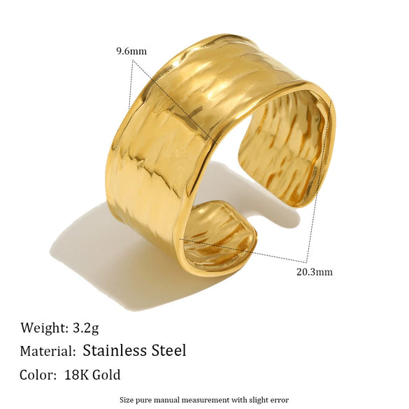 Wholesale Niche Geometric Style Stainless Steel 18K Goldplated Wide Hammered Texture Open Ring For Women