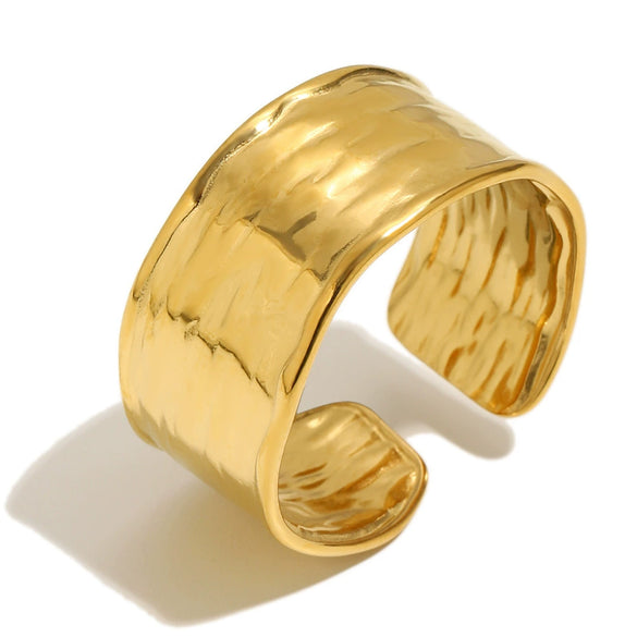 Wholesale Niche Geometric Style Stainless Steel 18K Goldplated Wide Hammered Texture Open Ring For Women