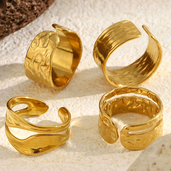 Wholesale Niche Geometric Style Stainless Steel 18K Goldplated Wide Hammered Texture Open Ring For Women
