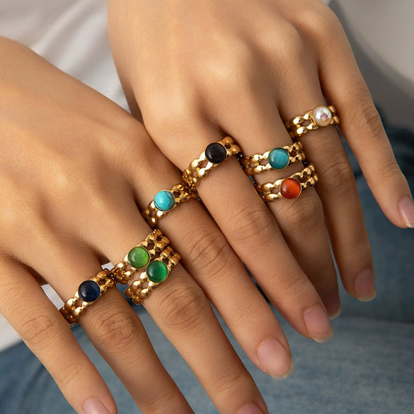 Wholesale Niche Geometric U Shape Titanium Steel Natural Stone Electroplated Open Ring For Women