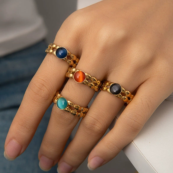 Wholesale Niche Geometric U Shape Titanium Steel Natural Stone Electroplated Open Ring For Women