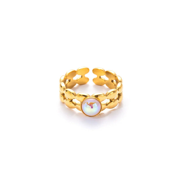 Wholesale Niche Geometric U Shape Titanium Steel Natural Stone Electroplated Open Ring For Women