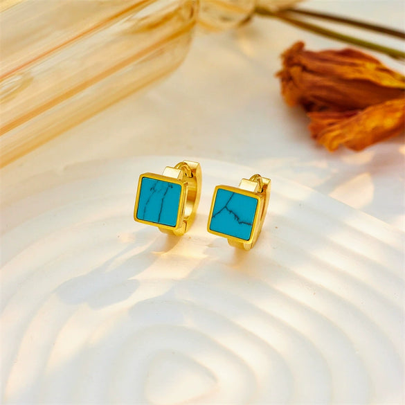 Wholesale Niche Retro Simple Advanced Versatile Square Geometric Turquoise Titanium Steel Women's Earrings With Electroplating
