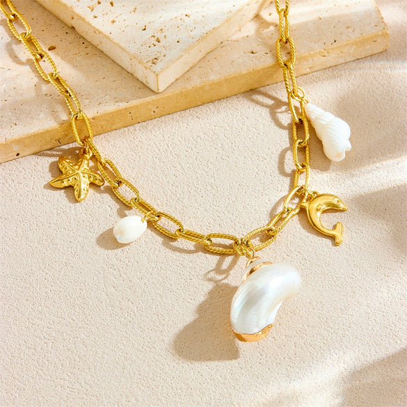 Wholesale Niche Style Animal Inspired Stainless Steel Gold Plated Necklace With Pearl Conch Starfish Dolphin Turtle Elements