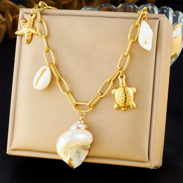 Wholesale Niche Style Animal Inspired Stainless Steel Gold Plated Necklace With Pearl Conch Starfish Dolphin Turtle Elements