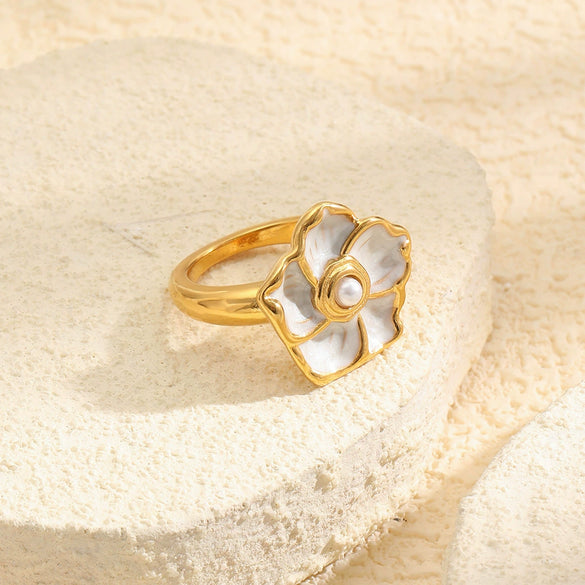 Wholesale Niche Style Stainless Steel 18K Goldplated Enamel Flower Ring For Women